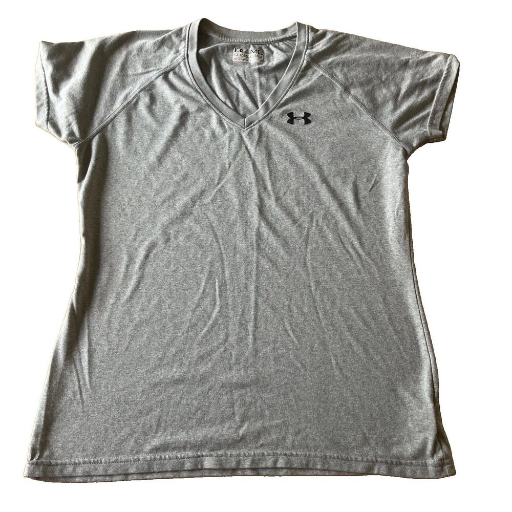 Under Armour Women's Short Sleeve V-Neck T-Shirt Gray Semi Fitted Medium